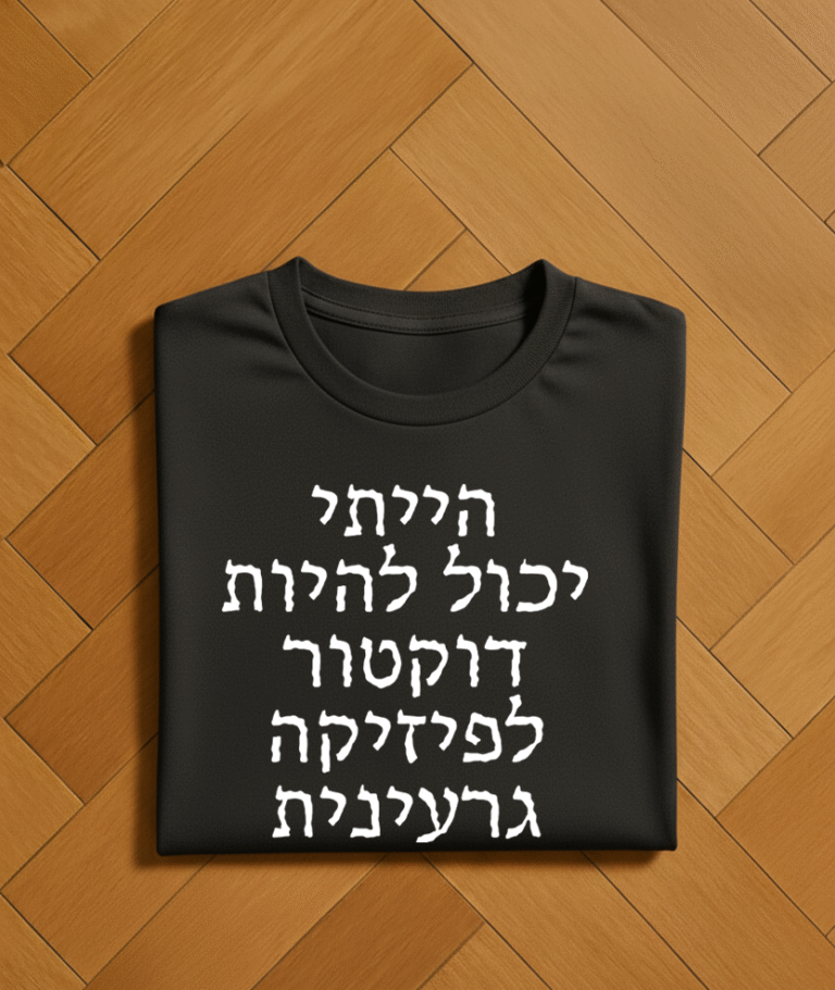 חולצה שחורה עם כיתוב בעברית