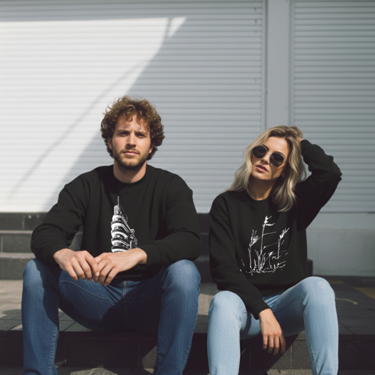 גברים ונשים עם סווטשירטים שחורים יושבים בחוץ